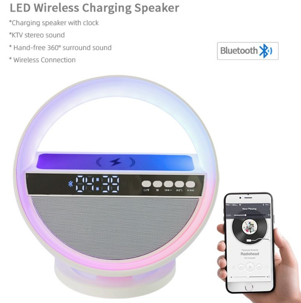 15W Wireless Fast Charging Bluetooth Speaker – Portable Speaker with LED Light & Phone Charger